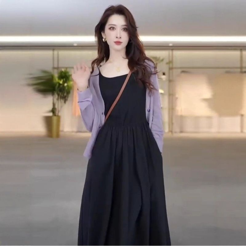 2024 Summer New Fashionable Thin Long Sleeve Cardigan Top Slimming Strap Dress Two-Piece Set For Women_voghion.com