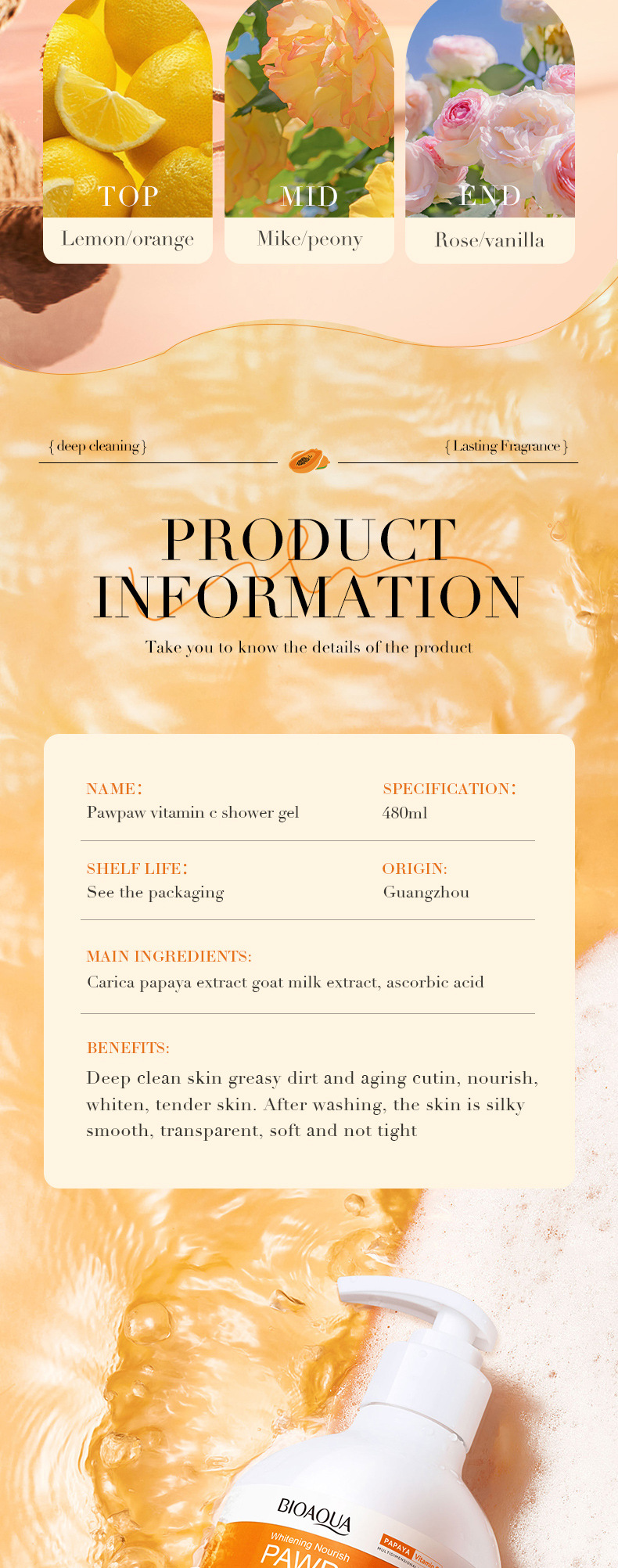 BIOAOUA Papaya Vitamina C Gel doccia nutriente illuminante e bagnoschiuma in inglese completo_voghion.com