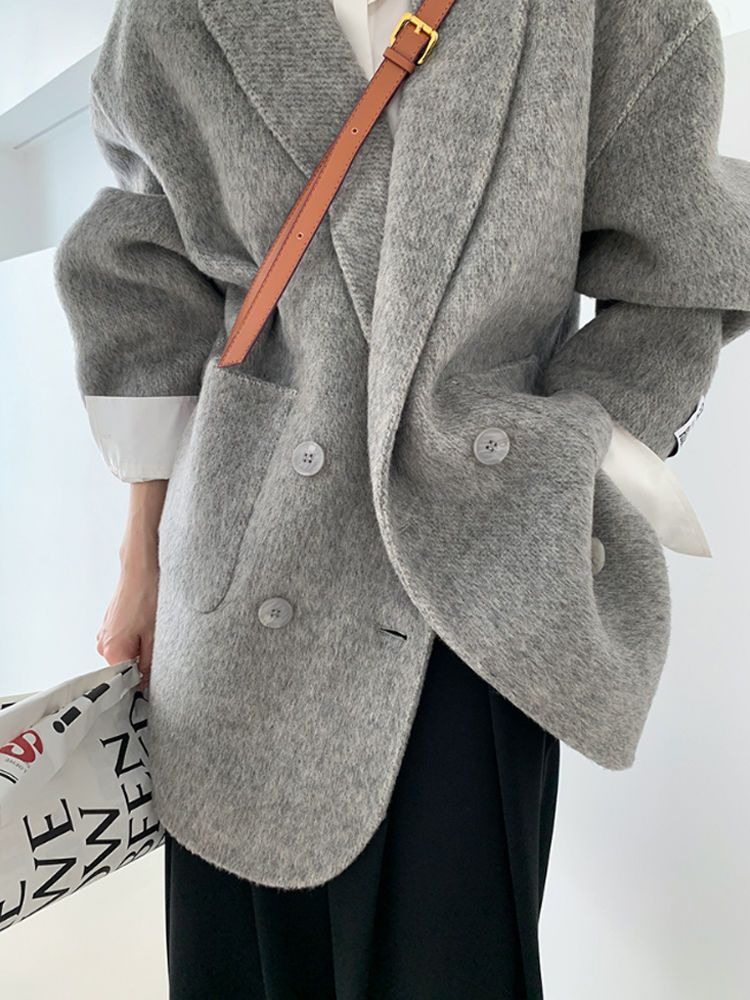 Wolle & Mischungen Mäntel für Frauen Grau Verdickung Herbst Winter Frauen Kalten Mantel Lose Umlegekragen Mode Anzug Frauen_voghion.com