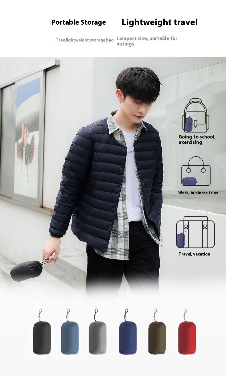 Winter New Lightweight Down Jacket Men's Short Round Neck V-neck Warm Inner Lining Long Sleeved Slim Fit Oversized Jacket_voghion.com