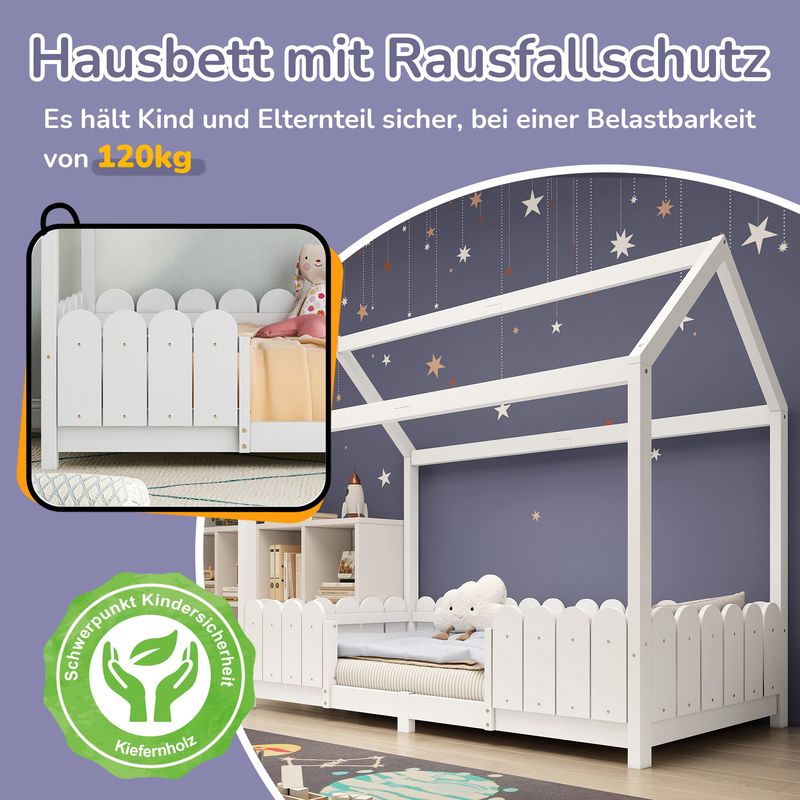 Hausbett 90x200cm, Holz-Kinderbett Mit Rausfallschutz, Bianco_voghion.com
