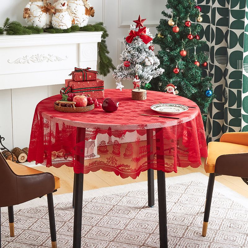 Tovaglia natalizia con bordo in pizzo - Decorazione natalizia rossa per tavoli rotondi e rettangolari (poliestere, lavabile, retro antiscivolo)_voghion.com