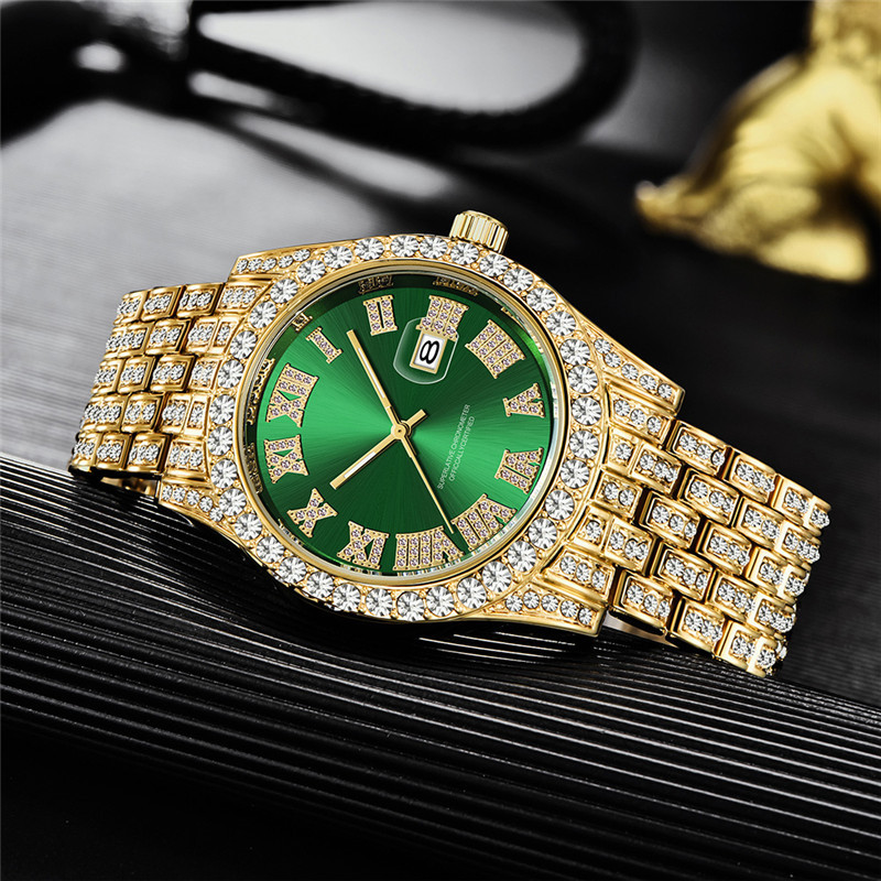 Herrenmode Legierung Band Hip Hop Voll Diamant Gold Datum Uhr_voghion.com