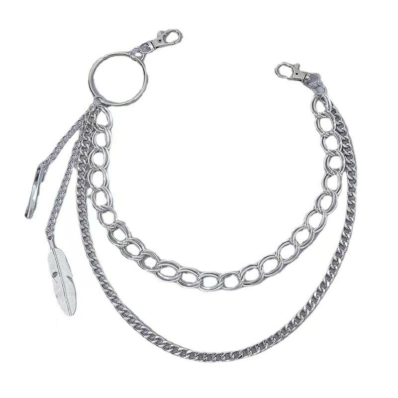 Gioielli con ciondolo a forma di piuma di giada a doppio strato, anello rotondo in vita, catena per pantaloni in metallo da discoteca_voghion.com