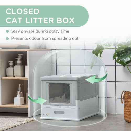 PawHut Fully Enclosed Cat Litter Box With Scoop, Hooded Cat Litter House With Drawer Type Tray, Foldable Smell Proof Cat Potty With Front Entry, Top Exit, Portable Pet Toilet With Large Space, Gray_voghion.com