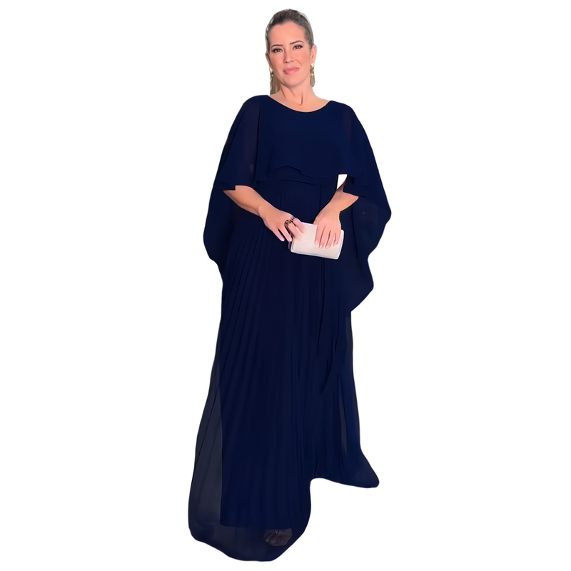 Women's solid-color shawl evening gown high-waisted chiffon pleated dress_voghion.com