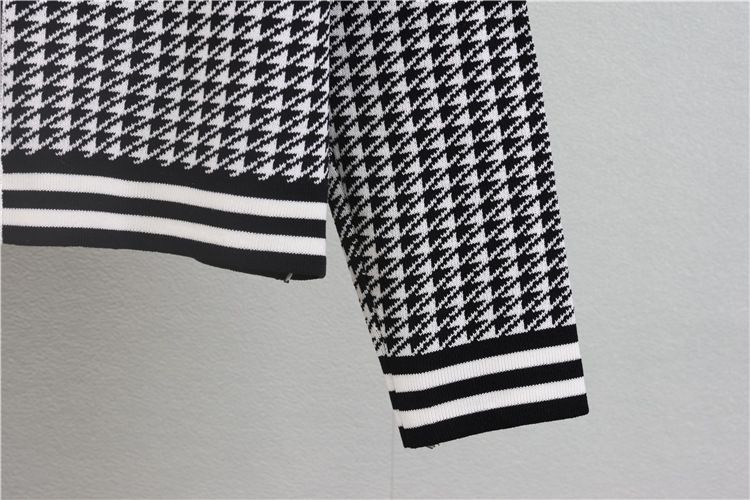 Dameklær houndstooth jacquardstrikket cardigan med V-hals, bukser med brede ben, todelt dress, aldersreduserende temperamentsdrakt_voghion.com