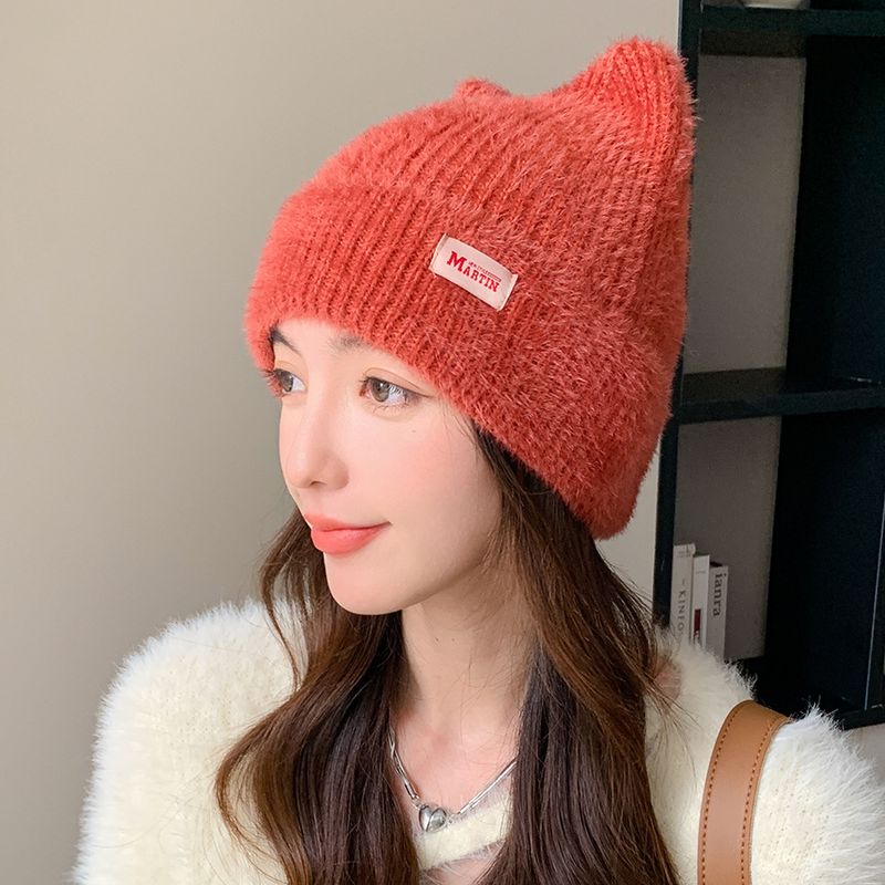 Simpatiche martore invernali Orecchie di gatto (pane al vapore a forma di orecchie di gatto) cappello lavorato a maglia per ragazze caldo cappello di lana con protezione per le orecchie cappuccio piccolo per il viso_voghion.com