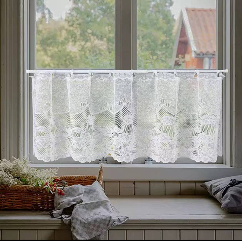 Spitzen-Café-Vorhang mit Lilienstickerei – moderner, transparenter Volant für Fenster und Türen, 150 x 45 cm, 80 % Baumwolle, 20 % Spitze_voghion.com