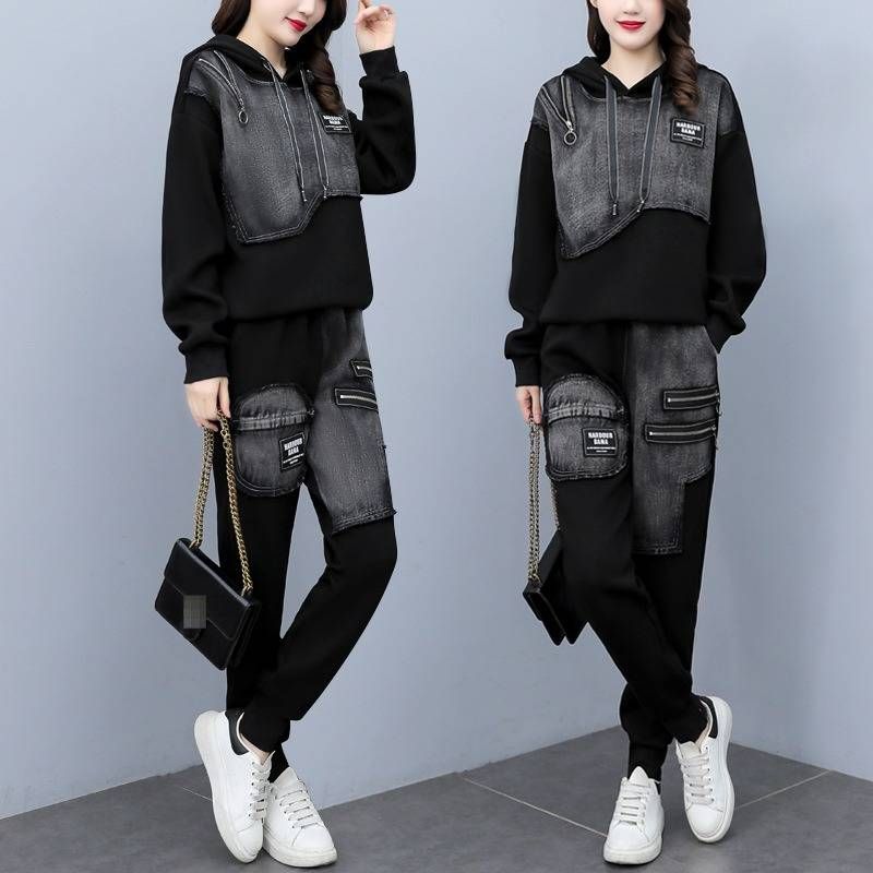 Tweedelige set van denim met print voor dames - tuniek met lange mouwen en losse pasvorm en rok (plus size beschikbaar) - Casual en kantoorkleding voor de lente_voghion.com