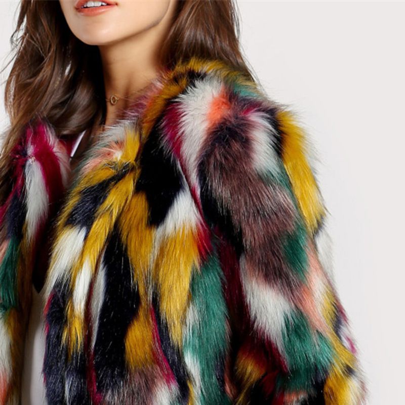 Colorful Fur Tops Hot Sale Faux Fur Round Collarless Coat Faux Fox Fur Winter Warm Mink Coat_voghion.com