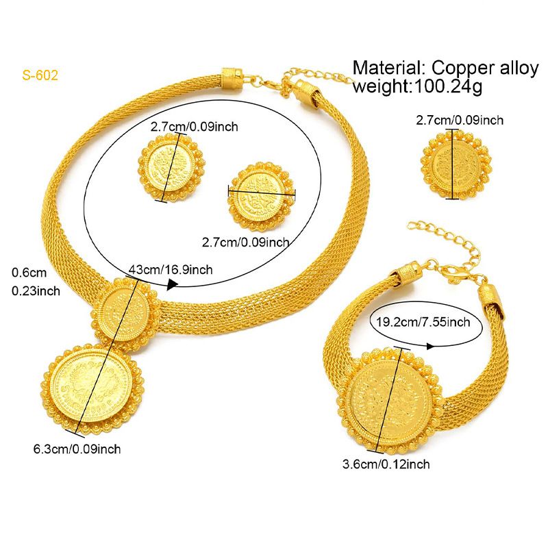 Set di gioielli in oro da donna, in lega di rame, placcati in oro, Dubai, set di moda di vendita calda, sposa indiana, collana, orecchini, bracciale, anello, gioielli_voghion.com