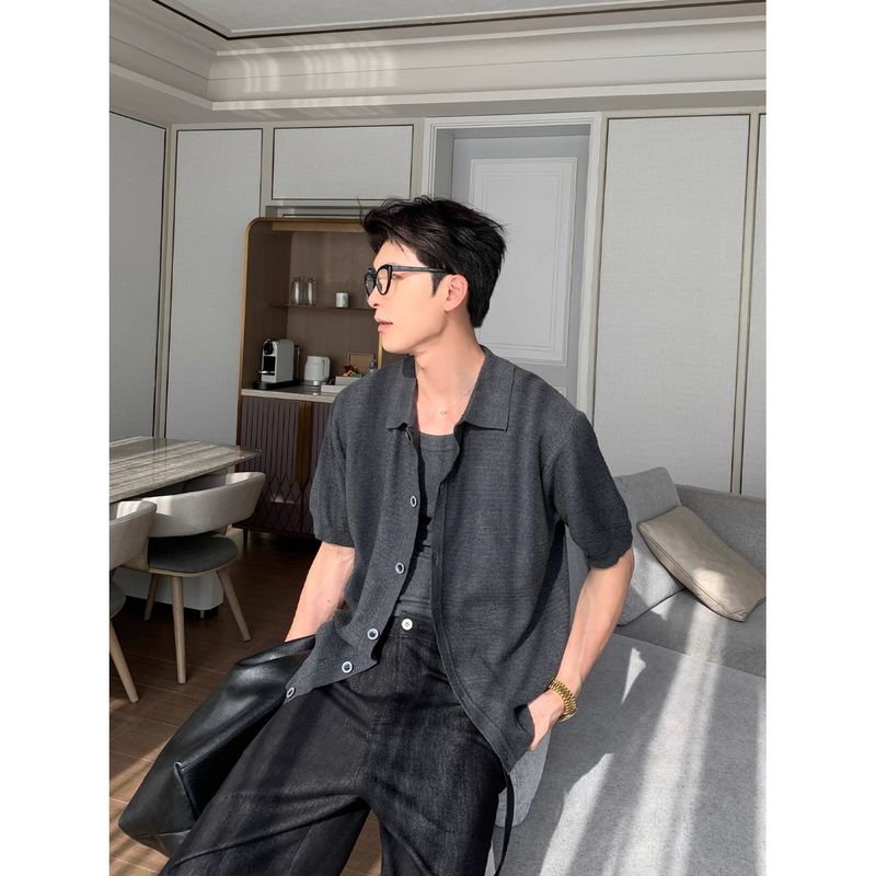 Souh Korea Dongdaemun Men's Fashionable Casual High-Qualiy Turn-Down Collar Knied Cardigan Shir Shor Sleeve_voghion.com