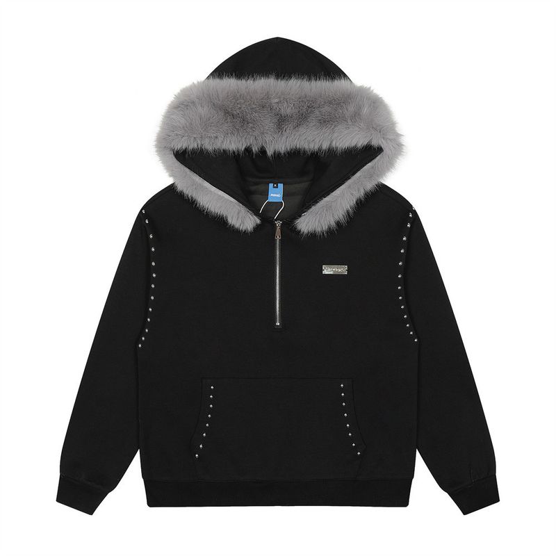 Felpa con cappuccio e collo in pelliccia per uomo, stile autunnale e invernale, decorazione con rivetti in metallo, design unico, mezza zip ampia_voghion.com