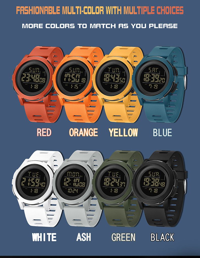 Digitaal horloge met LED-display, waterdicht, nachtlampje, alarm, stopwatch, aftelfunctie, dubbele tijd, unisex casual sporthorloge_voghion.com