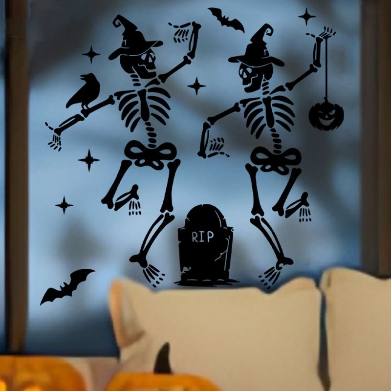 Adesivi murali decorativi autoadesivi in PVC con teschio nero e pipistrello, personaggi divertenti per le vacanze di Halloween_voghion.com