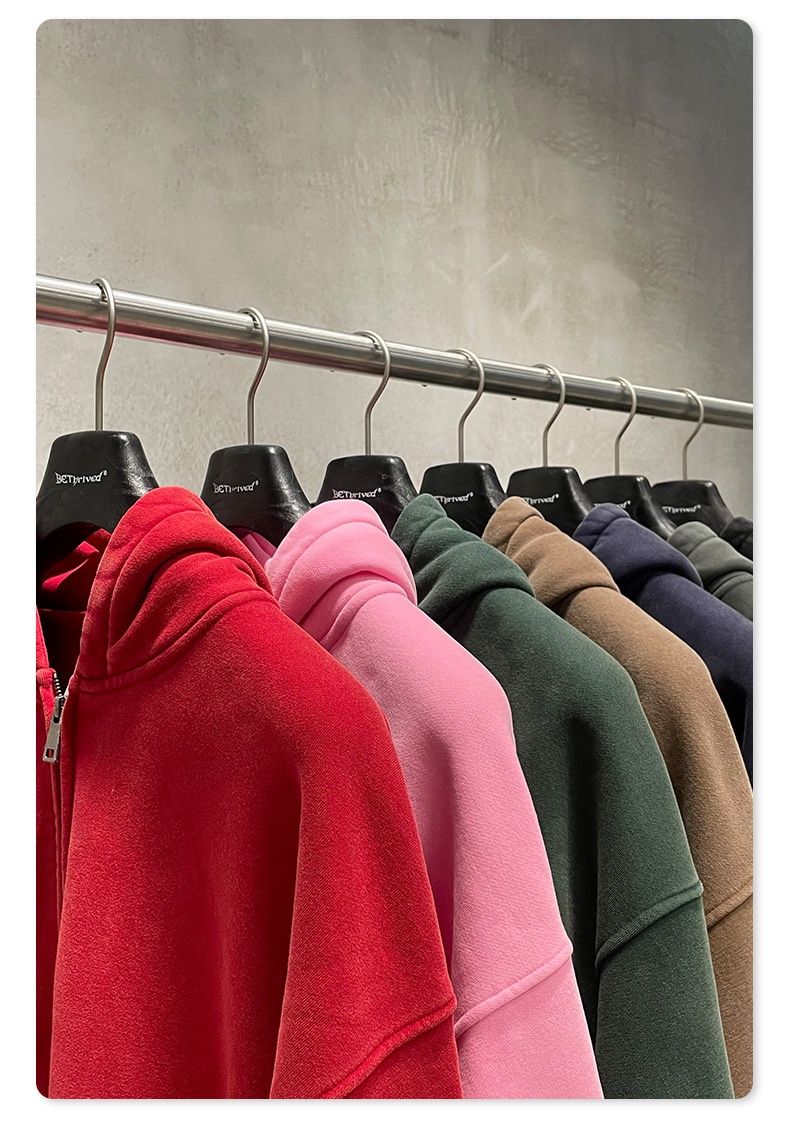 BE Men's Clothing|2025 European And American Retro Washed Vintage Boxy Fit Fleece-Lined Hooded Sweatshirt Double-Zip_voghion.com