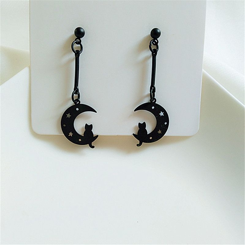 Orecchini lunghi a forma di luna con nappine, orecchini a clip non forati con ago in argento, orecchini a forma di stella e luna, orecchini neri con clip per orecchini_voghion.com