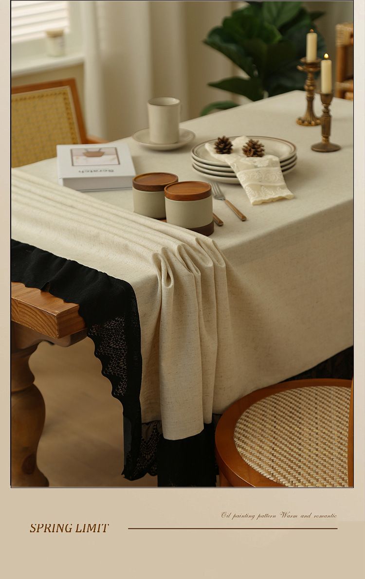 Nappe aspect lin d'inspiration vintage – Housse de table rectangulaire imperméable et antidérapante avec élégante bordure en dentelle – Style campagnard et nouveau style chinois_voghion.com