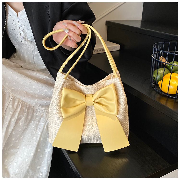 Borsa a secchiello con fiocco, semplice e alla moda, in stile coreano, per donna, primavera estate 2025, nuova borsa a mano intrecciata, da ascella, a tracolla_voghion.com