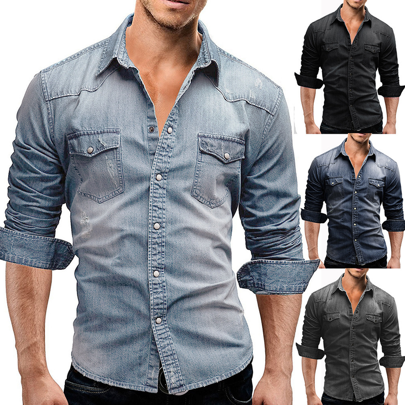 Neues minimalistisches langärmeliges Jeanshemd in europäischer Größe, Slim Fit Oversized-Hemd für Herren_voghion.com