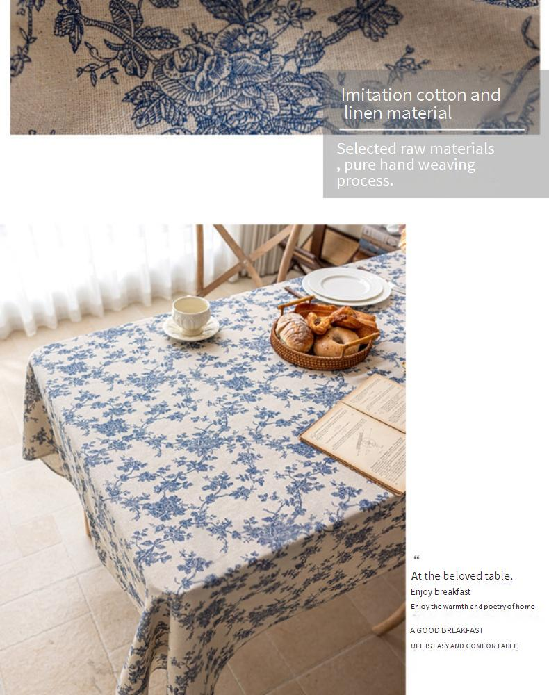 Blue Floral Tablecloth - Cotton Linen Rectangular Cover (Scandinavian Style Vintage Farmhouse Photo Backdrop Dorm Decor)_voghion.com