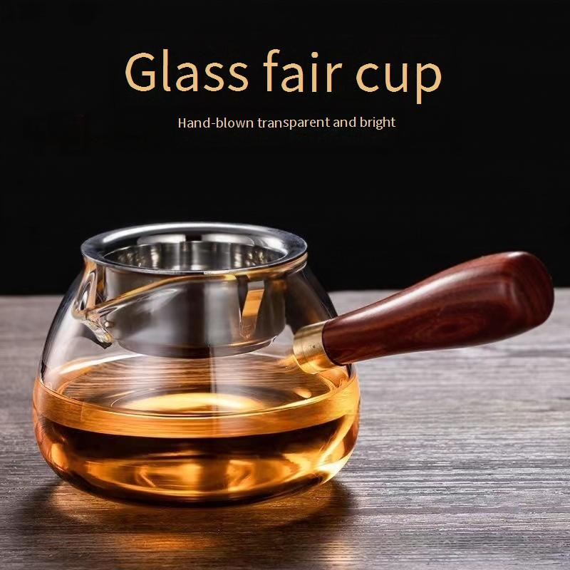 Heat-Resistant Glass Tea Pitcher With Wooden Handle - Borosilicate Gongfu Tea Cup Optional 304 Stainless Steel Strainer Minimalist Side Handle Teapot_voghion.com