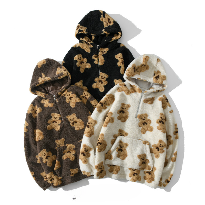 Unisex Teddybär-Fleece-Kapuzenpullover – Winterpullover mit Sherpa-Futter und Kängurutasche (S-2XL, Schwarz/Weiß/Braun)_voghion.com