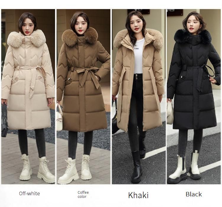 Women's Long Hooded Down Coat With Belt, Thickened Warm Winter Jacket, Fashionable Loose Fit Overcoat With Faux Fur Trim_voghion.com