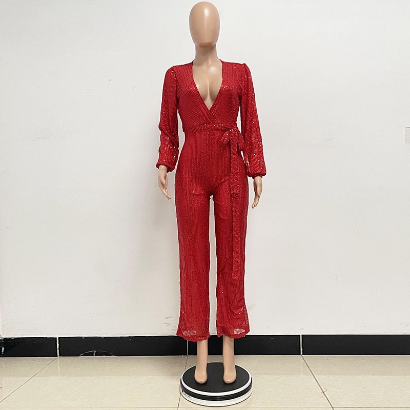 Damkläder Ins Style Deep V Mode Casual Jumpsuit Långärmat Bälte Paljett Jumpsuit Dam_voghion.com