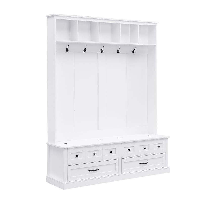 ON-TREND Elegant Wide Hall Tree With 5 Hooks, Versatile Entryway Lift Top Storage Bench With 2 Drawers, Retro Wooden 3-in-1 Coat Rack With Black Handles For Mudroom, Living Room, White, 59"Wx74"H_voghion.com