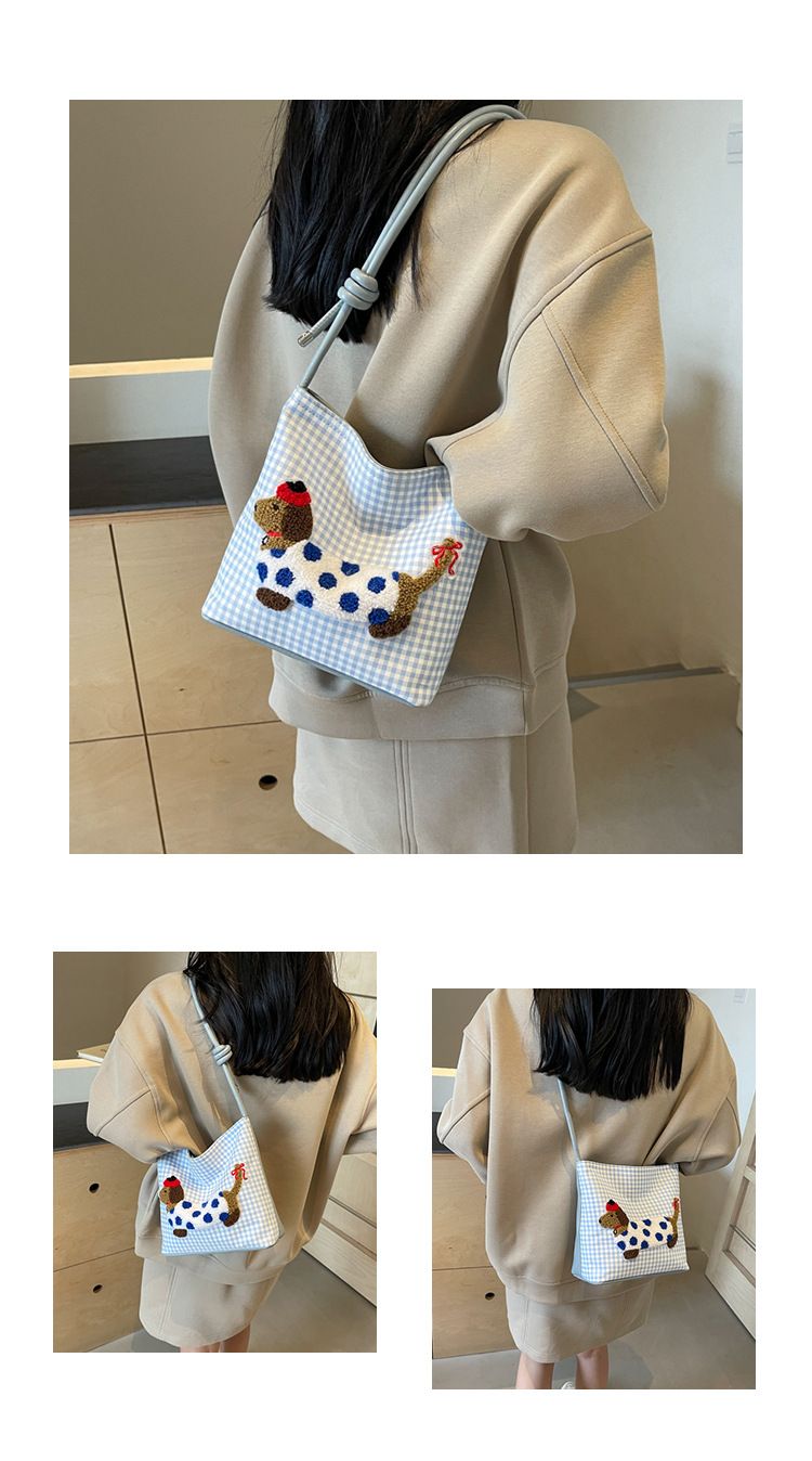 Niedlicher Welpe Canvas Eimer modische und vielseitige karierte Umhängetasche, koreanische Nischen-Cartoon-Handtasche_voghion.com