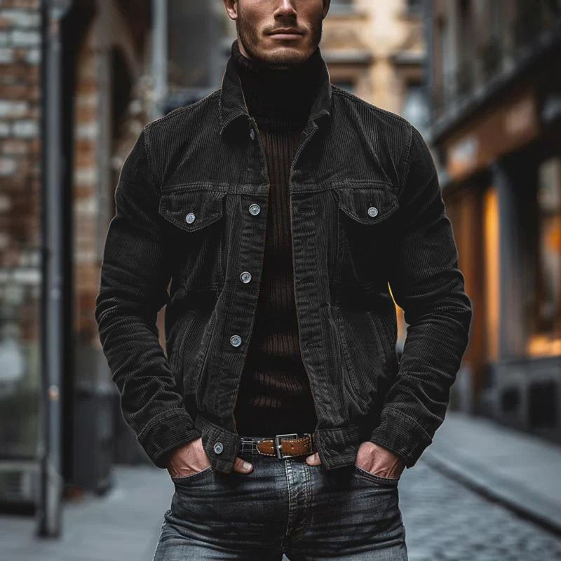 New autumn and winter men's pocket corduroy long sleeved striped lapel jacket_voghion.com
