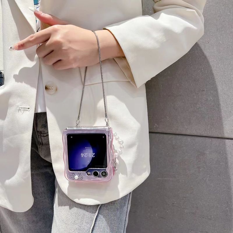 For Samsung Galaxy Z Flip 3 4 5 5G Flip4 Luxury Unique Bow Pearl Heart Wrist Chain Phone Case Cover_voghion.com