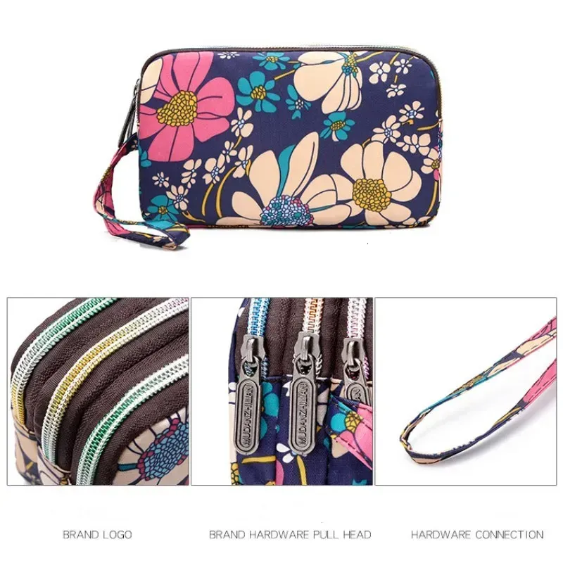 Fashion Flower Print Wallet For Women Three Layer High-capacity Mobile Phone Portable Handheld Mini Key Clutch Bag_voghion.com