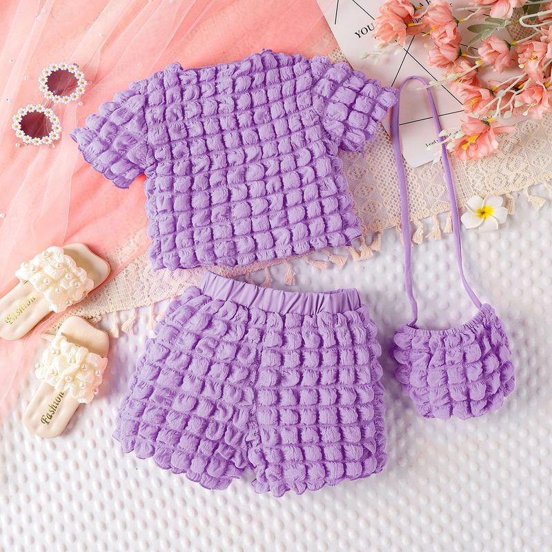 Ensemble d'été pour enfants, haut à manches courtes + short + sac à carreaux à bulles solides, couleur bonbon, ensemble pour filles_voghion.com