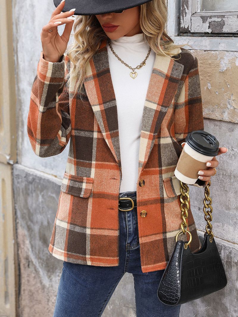 Women's Clothing Casual Retro Loose Brushed Plaid Blazer For Women - Oversized Office & Street Style Polyester Blend Long Sleeve Jacket_voghion.com