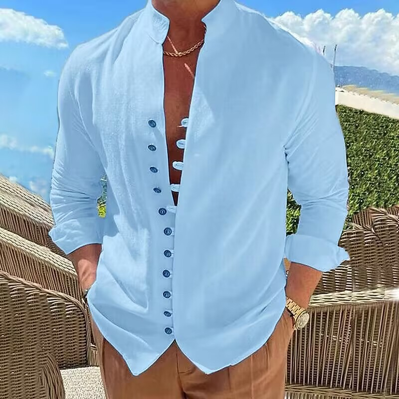 Herrenbekleidung Lässiges Leinenhemd mit Knöpfen Sommerhemd flaches Blei Sommer Alltagskleidung_voghion.com