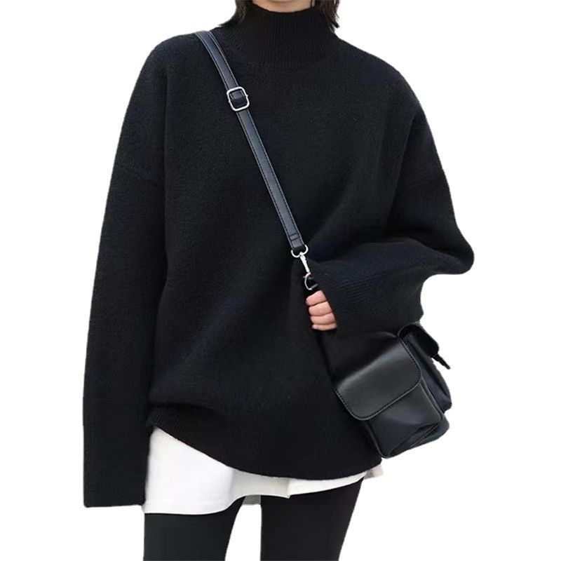 Halbhoher Hals Einfarbig Faul Herbst Und Winter Lose Kurze Stil Basis Stricken Pullover Temperament Frauen Dicken_voghion.com