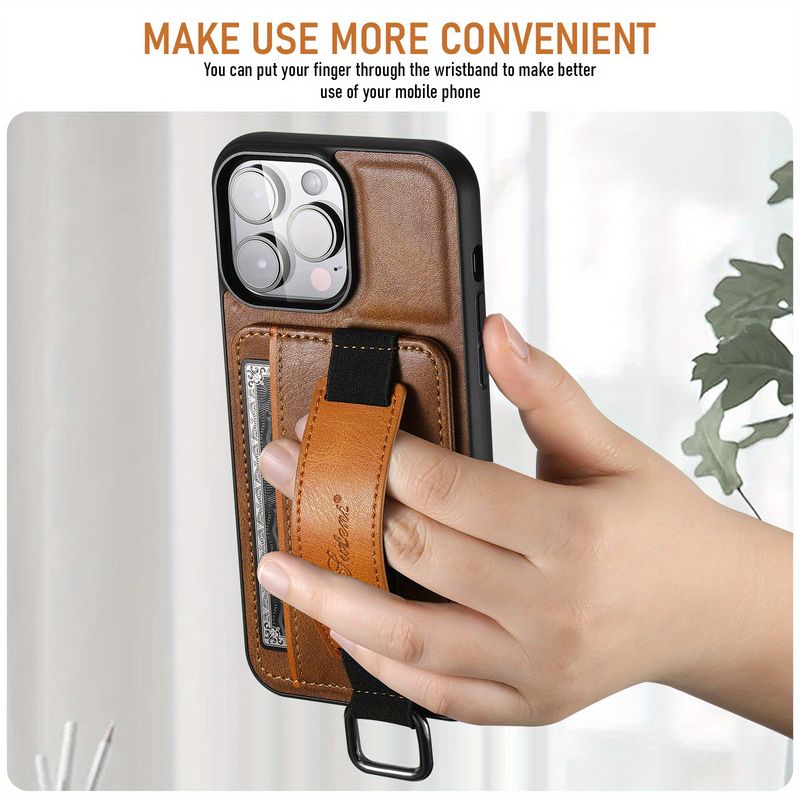 Phone Case with Back Card Holder, Wrist Strap Stand and Metal Ring Buckle, For 12, 13, 14, 15, 13 Pro Max, 14 Pro Max, 15 Pro Max_voghion.com