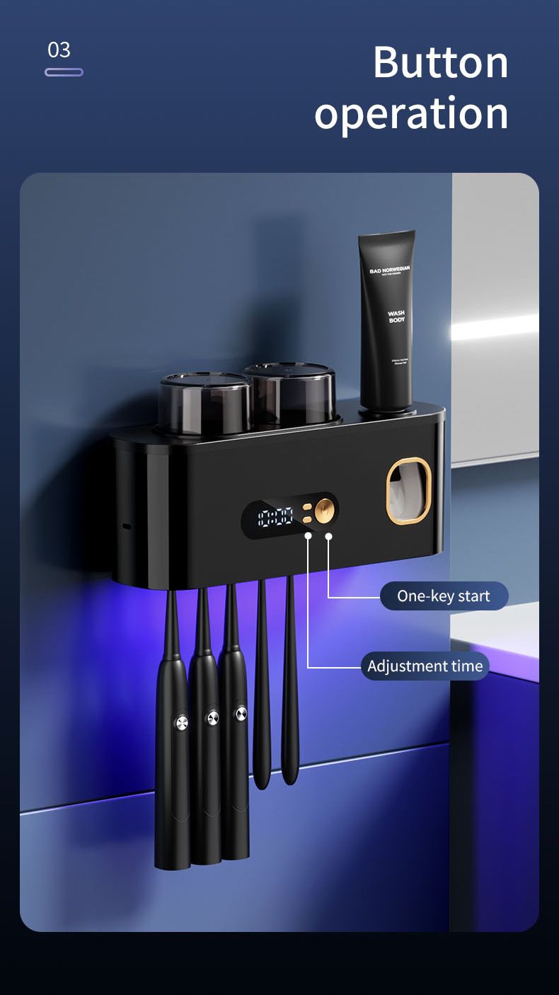 UV Smart Toothbrush Holder Sterilizer Electric Drying Storage Rack Wall-Mounted No Drilling Required_voghion.com
