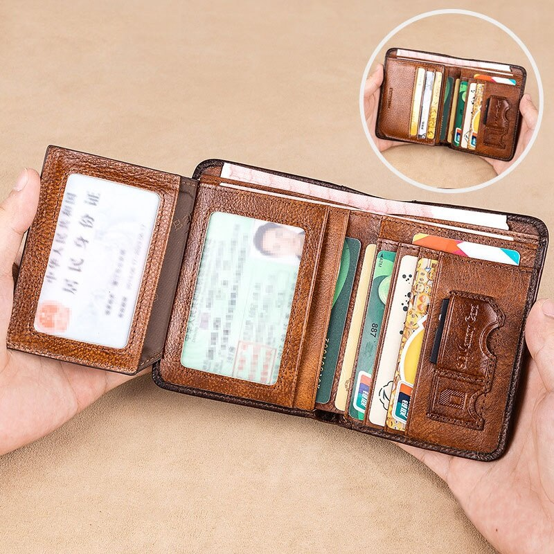 Portfele męskie z prawdziwej skóry Rfid w stylu vintage, cienkie, krótkie, wielofunkcyjne etui na karty kredytowe, dowód osobisty_voghion.com