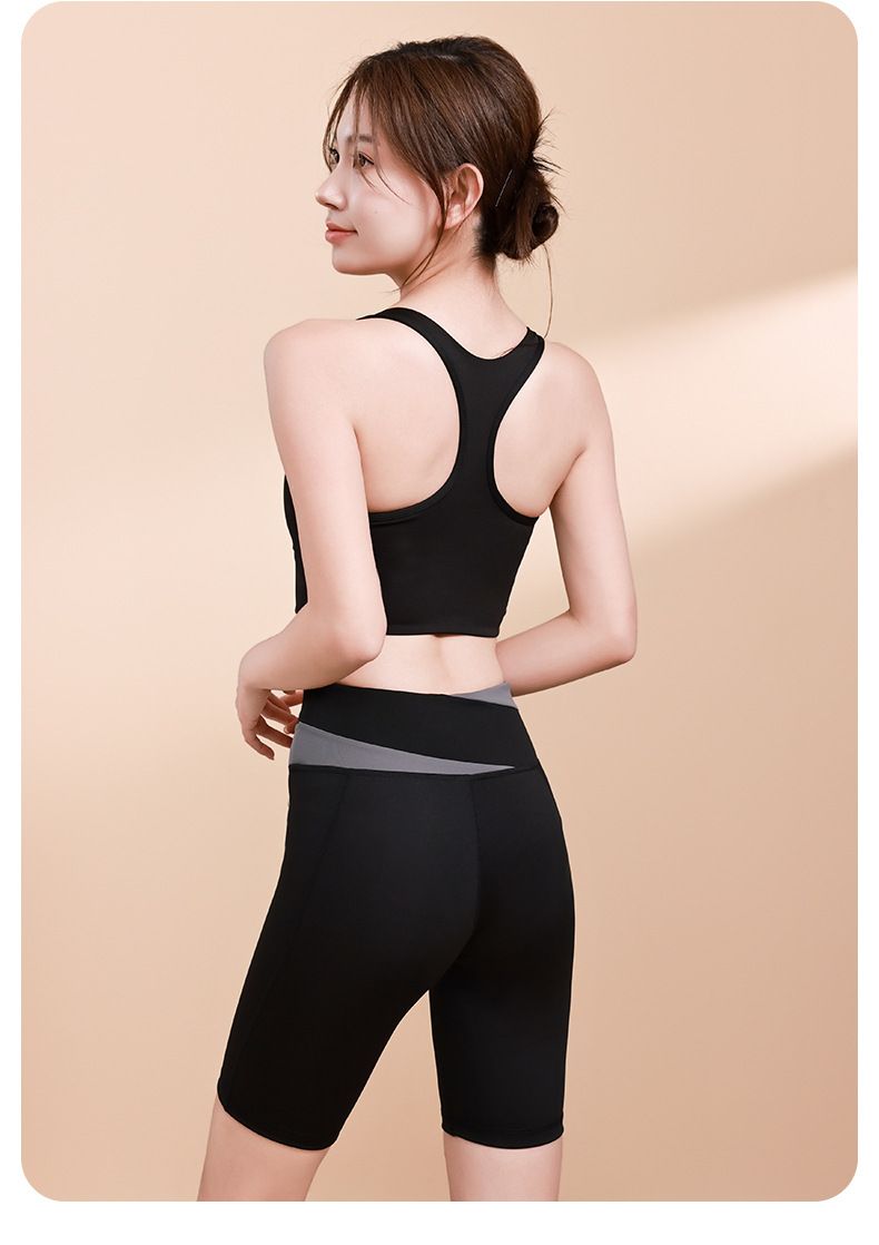 Color Block High Tummy Control Peach Butt Crop Top Yoga Shorts Set Shockproof Gather Waist Slimming Leg Fitness Bra_voghion.com