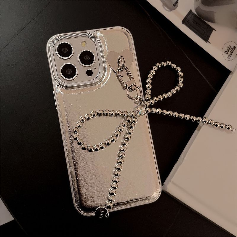 Pendentif pompon simple pour téléphone portable, coque pour iPhone, nœuds en dentelle, cordon en forme de cœur et de perles, accessoire exclusif pour jeune adulte_voghion.com