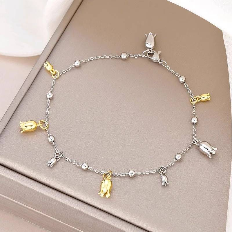 High-End, leichter Luxus, schlichte Persönlichkeit, Tulpen-Fußkettchen, modischer Maiglöckchen-Blumenanhänger, Nischendesign, Textur, Vintage-Geschenk_voghion.com