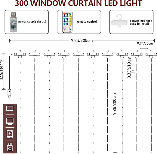 Cadena de luces para cortina de iluminación para el hogar, 300 LED, 8 modos de iluminación con control remoto, alimentación por USB para decoración del hogar, fiestas de Navidad y bodas_voghion.com