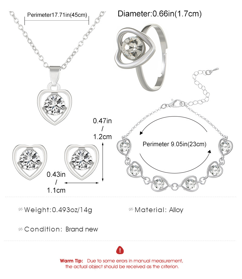Set di gioielli a forma di cuore in cristallo per donna, temperamento, collana a forma di cuore, orecchini, anello, braccialetto, set di quattro pezzi_voghion.com
