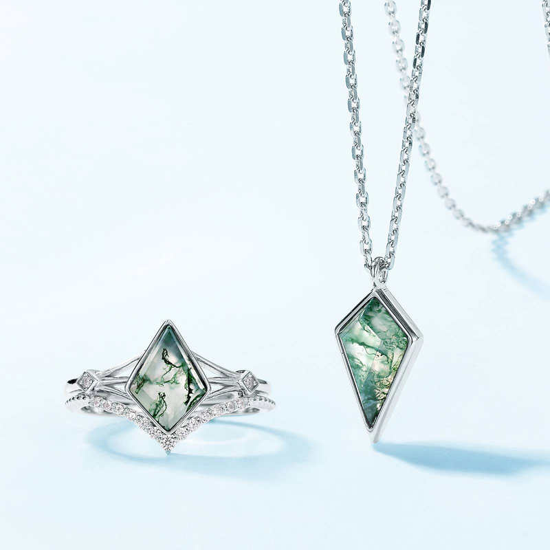 Collana in pietra di muschio verde geometrica naturale S925, confezione in argento con intarsi in agata erba acquatica, catena per clavicola versatile_voghion.com