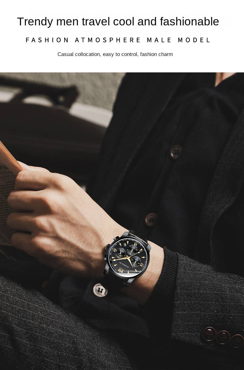 Série ROERDUM Cool Play - Movimento de quartzo, pulseira de couro, mostrador preto, relógio masculino casual e estiloso_voghion.com
