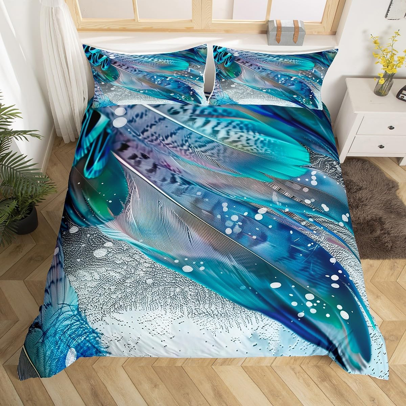 Housse de couette en plumes de paon pour lit bébé, housse de couette en plumes de Bohême, parure de lit exotique tribale, parure de lit rustique avec 2 taies d'oreiller, décoration de chambre_voghion.com